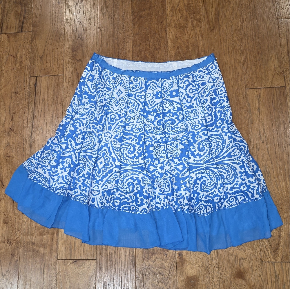 Passports Blue and White Pleated Circle Skirt w/Side Zipper and Ruffled Hem. 14